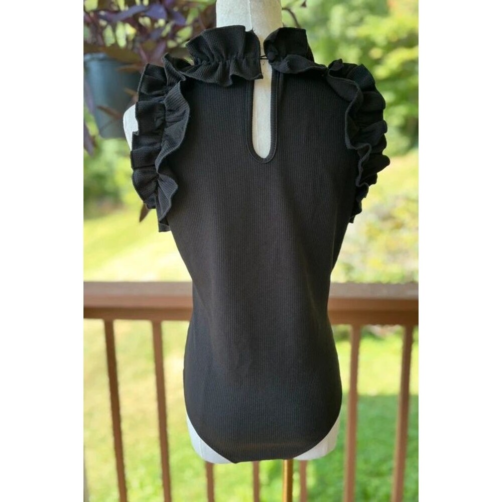 TCEC Black Ribbed Ruffle Bodysuit Large Romantic Goth - Picture 3 of 10